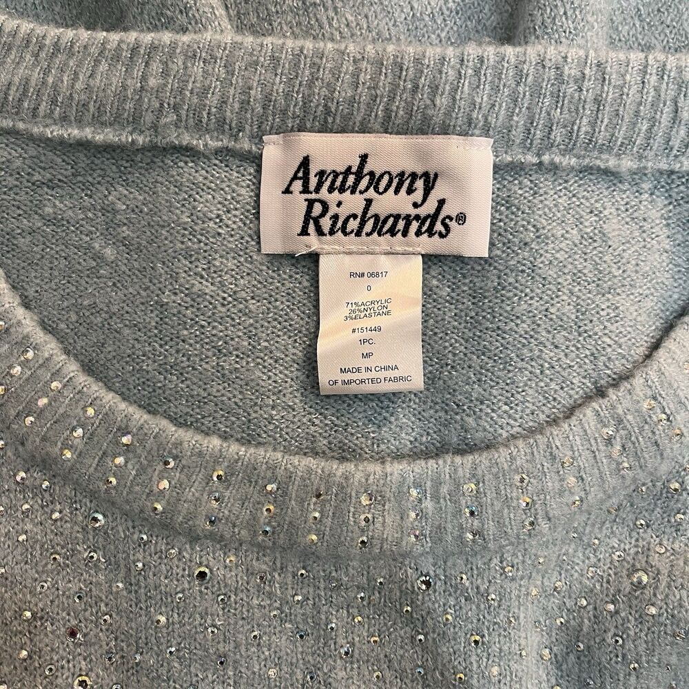Vintage Blue Anthony Richards Women’s Rhinestone Sweater Medium Petite Sparkle - Picture 6 of 6